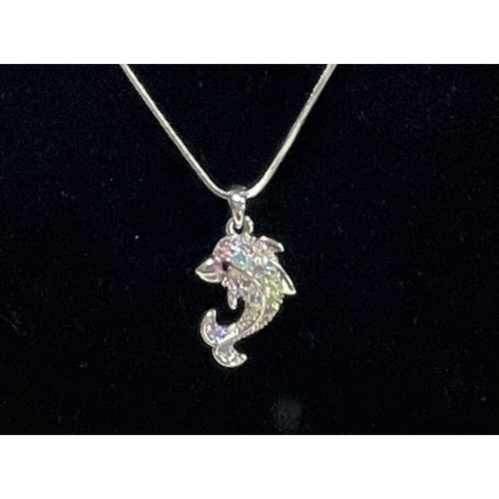 Sparkling Dolphin Pendant Necklace Silver Tone Multi-Color Rhinestone Snake - Picture 2 of 3